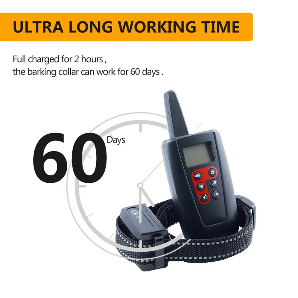 100 Levels Adjustable Remote Controlled Beep Vibration Static Shock Anti Barking Pet Dog Training Collar for 2 Dogs