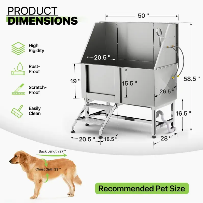 Bathtub for Pet SPA Shower Large Dog Grooming Bath Tub Stainless Steel Wooden Case Silver Sustainable 1 Set Bathing Products