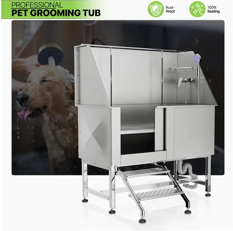 Bathtub for Pet SPA Shower Large Dog Grooming Bath Tub Stainless Steel Wooden Case Silver Sustainable 1 Set Bathing Products