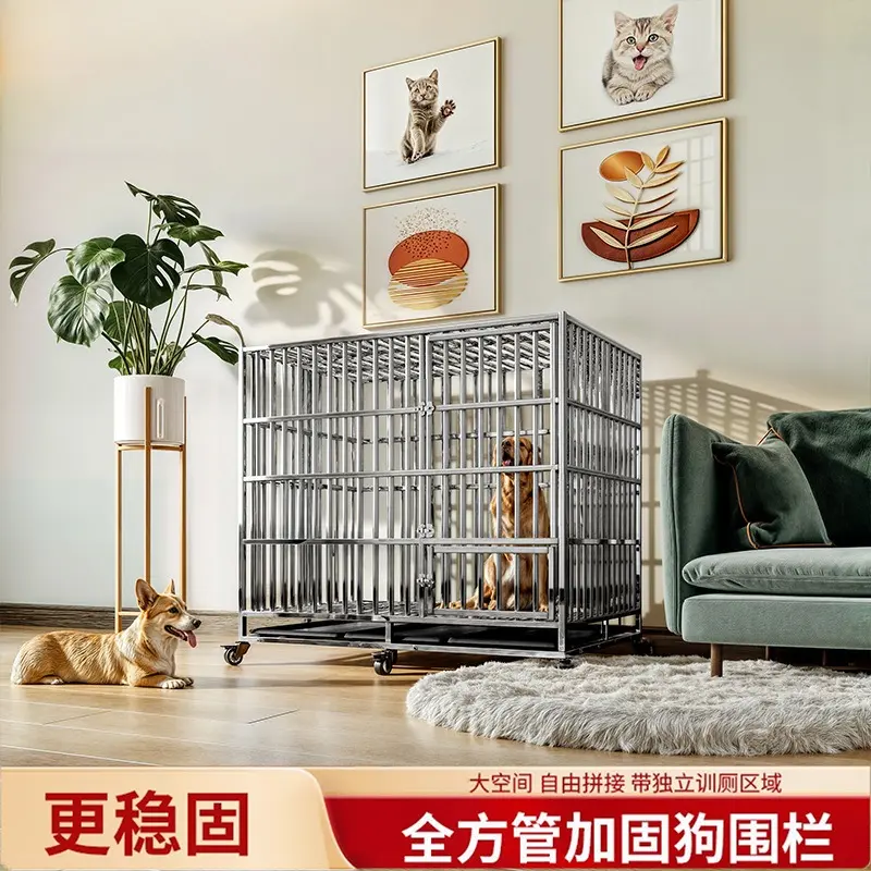 Thickened Stainless Steel Dog Cage Medium and Large Dog Thickened Foldable Indoor and Outdoor Dog Cage