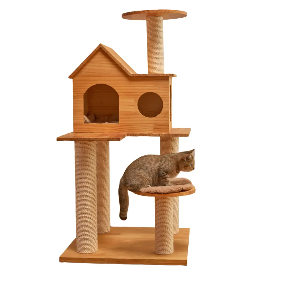 74 Inch Tall Heavy Sturdy Wooden Cat Tree With Multi-Layer Platform Sisal Rope Scratching Post