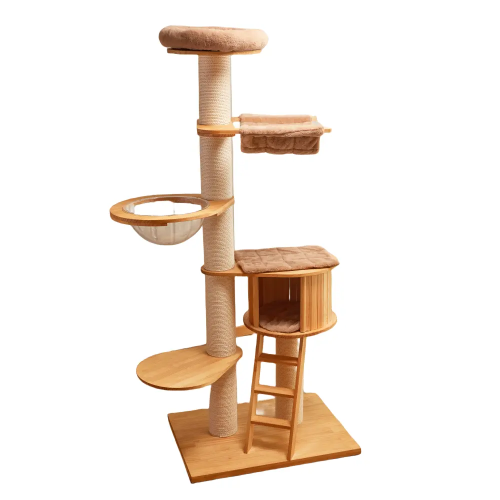74 Inch Tall Heavy Sturdy Wooden Cat Tree With Multi-Layer Platform Sisal Rope Scratching Post