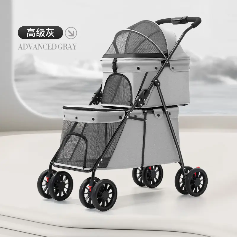 Folding Cat Dog Travel Carrier Double Layer Pet Stroller with Storage Pocket
