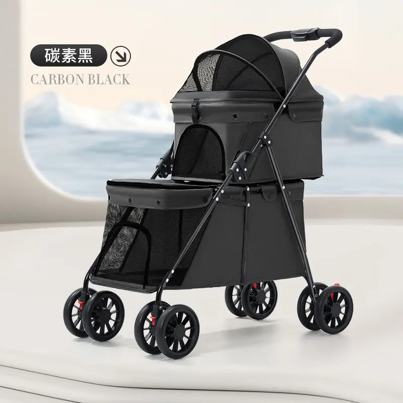 Folding Cat Dog Travel Carrier Double Layer Pet Stroller with Storage Pocket