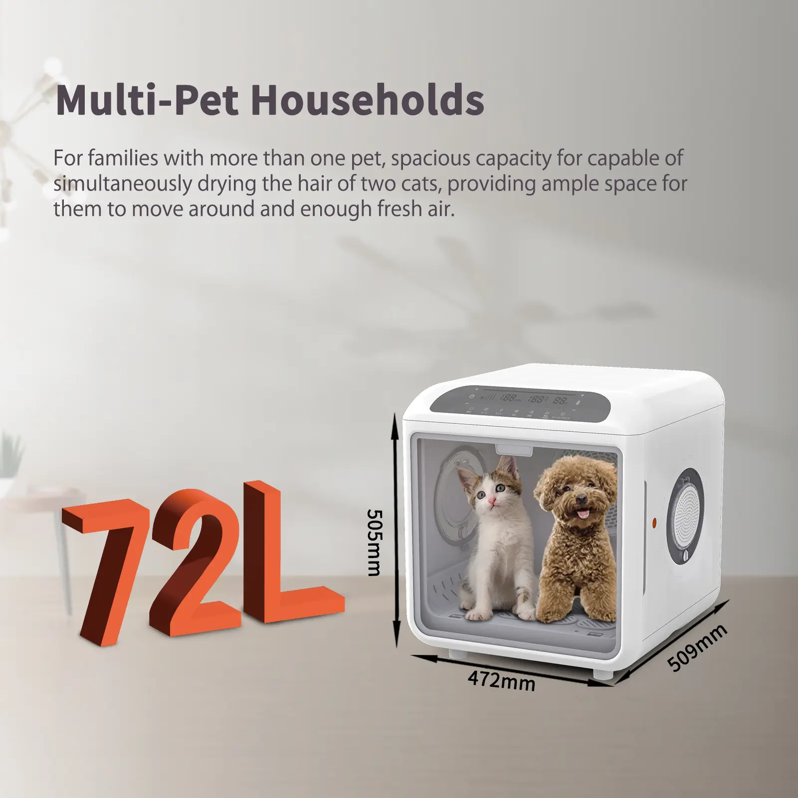 Touch Screen Quiet 72L UV Negative Ions Temperature Control Drying Pet Fur Dryer Box for Cat Small Dog Automatic Pet Hair Dryer
