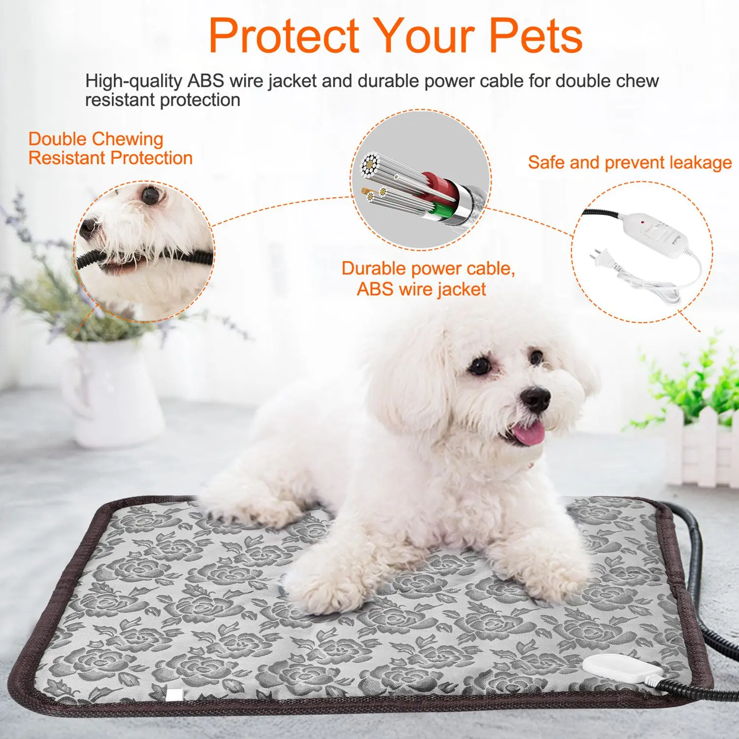Pet Heating Pad Dog Cat Electric Heating Mat Waterproof Adjustable Warming Blanket with Chew Resistant Steel Cord Case
