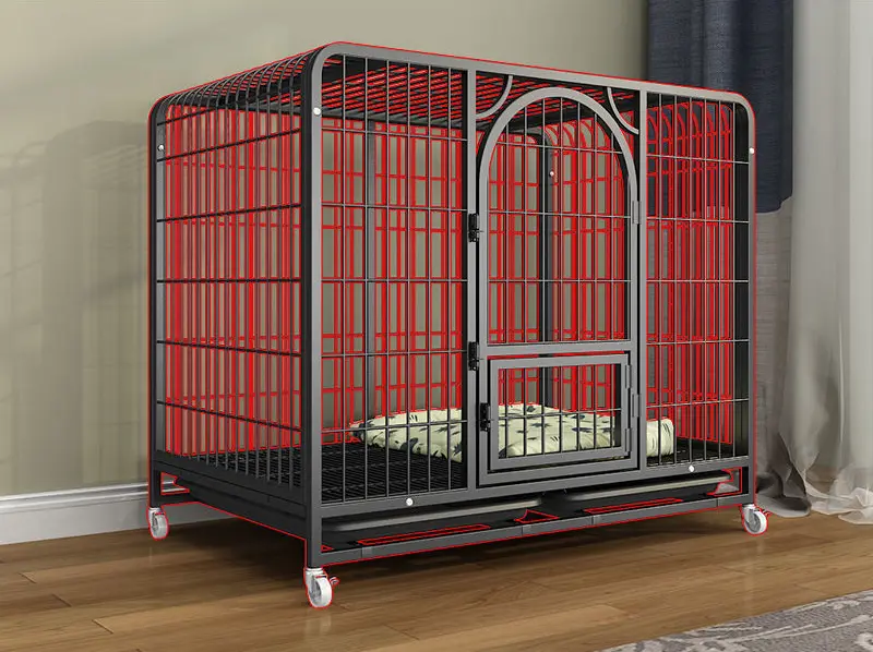 Factory Wholesale Luxury Large Size Black Bold square Tube Durable Steel Metal Iron Wire Pet Dog Cage Crate Kennel with Wheels