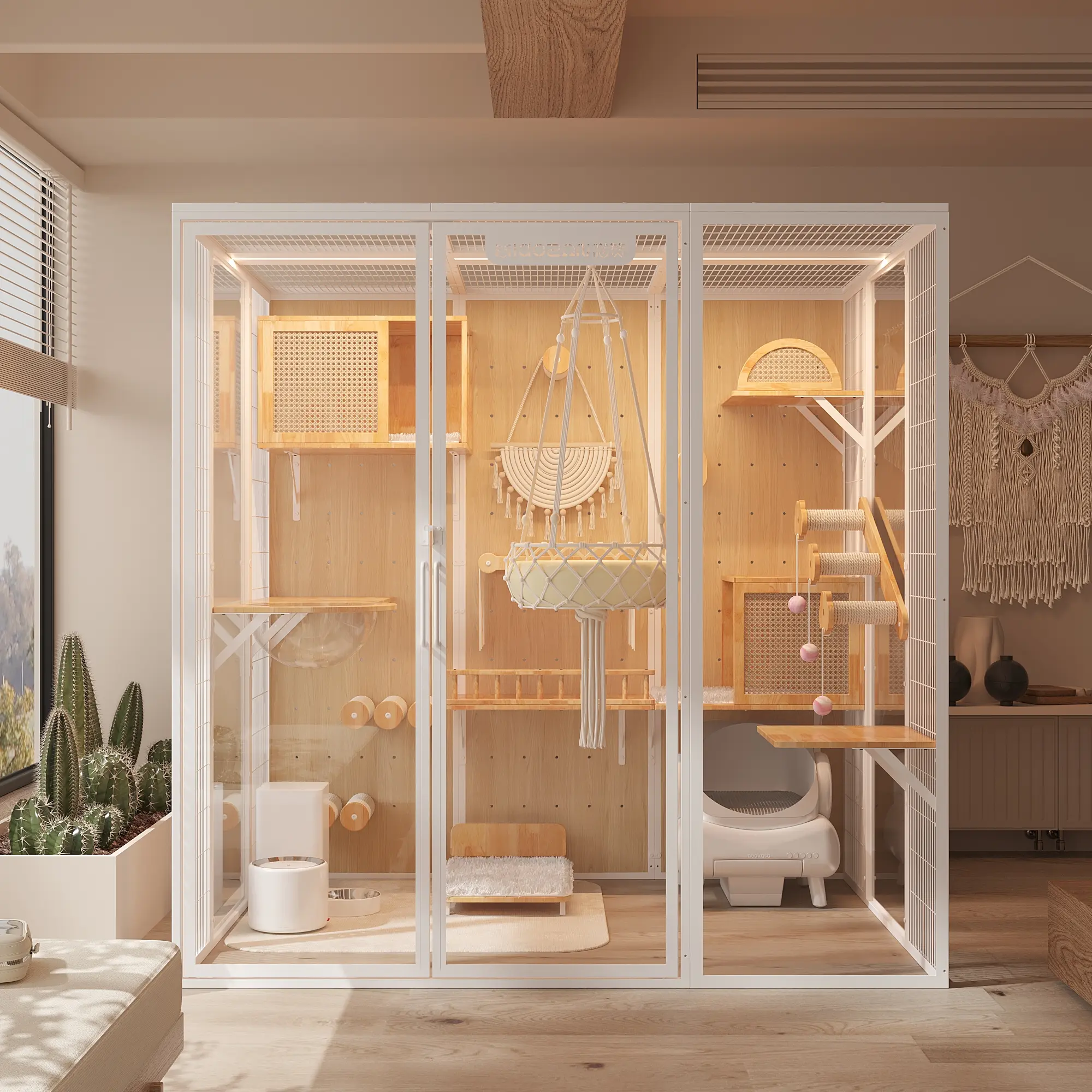 Luxury Customizable Carbon Steel Frame With Rubber Wood Board Tempered Glass Pet Household Cabinet Large Space Cat House Villa