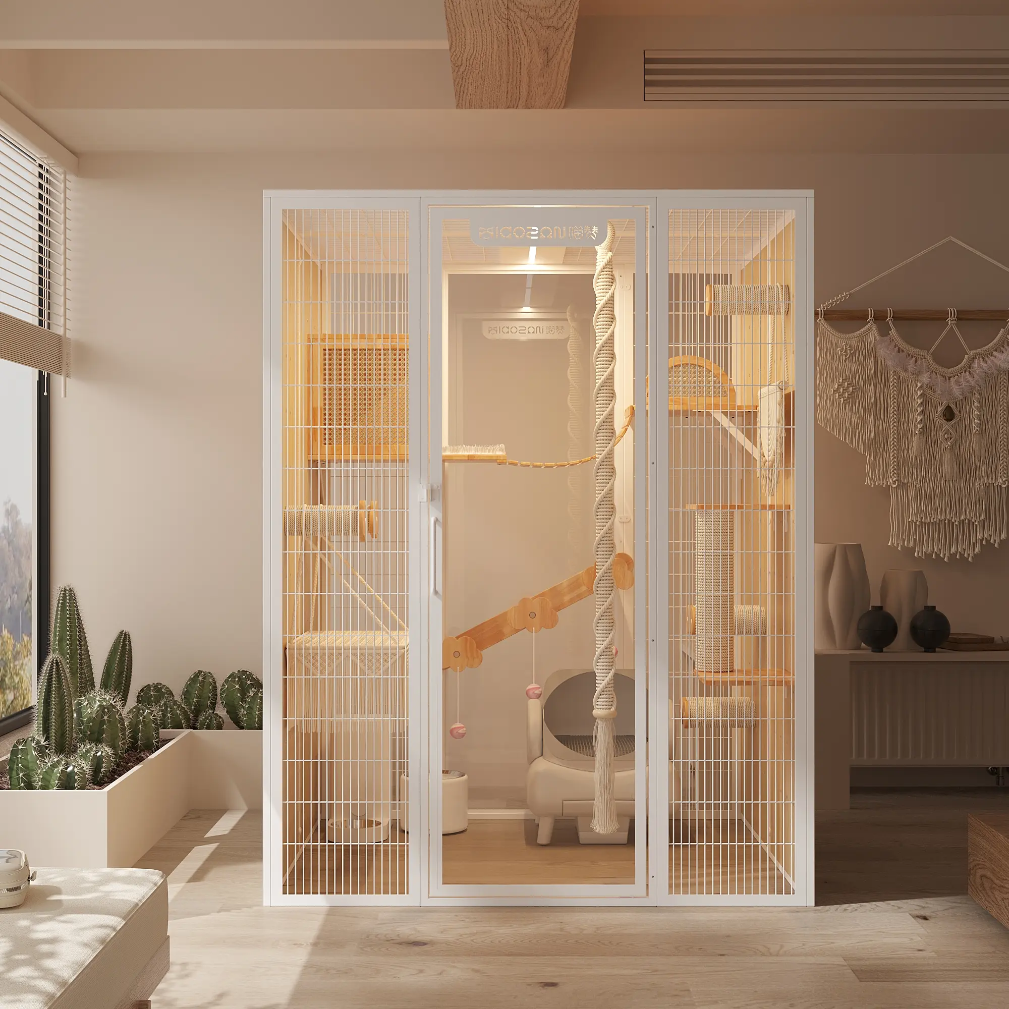 Luxury Customizable Carbon Steel Frame With Rubber Wood Board Tempered Glass Pet Household Cabinet Large Space Cat House Villa
