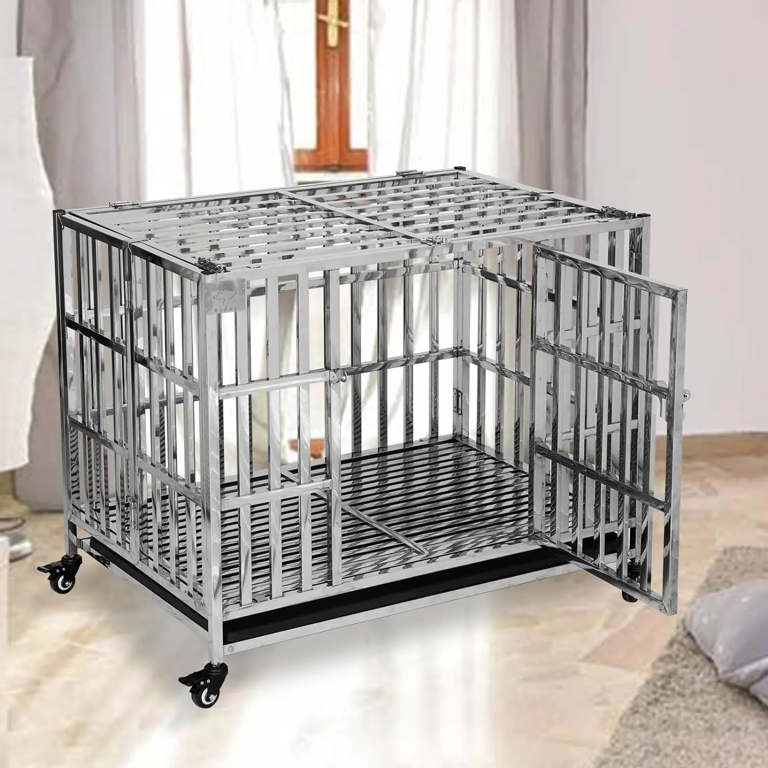 48inch Stackable Heavy Duty Dog Crate Pet Stainless Steel Kennel Foldable Pet Supplies Dog Pet Cages