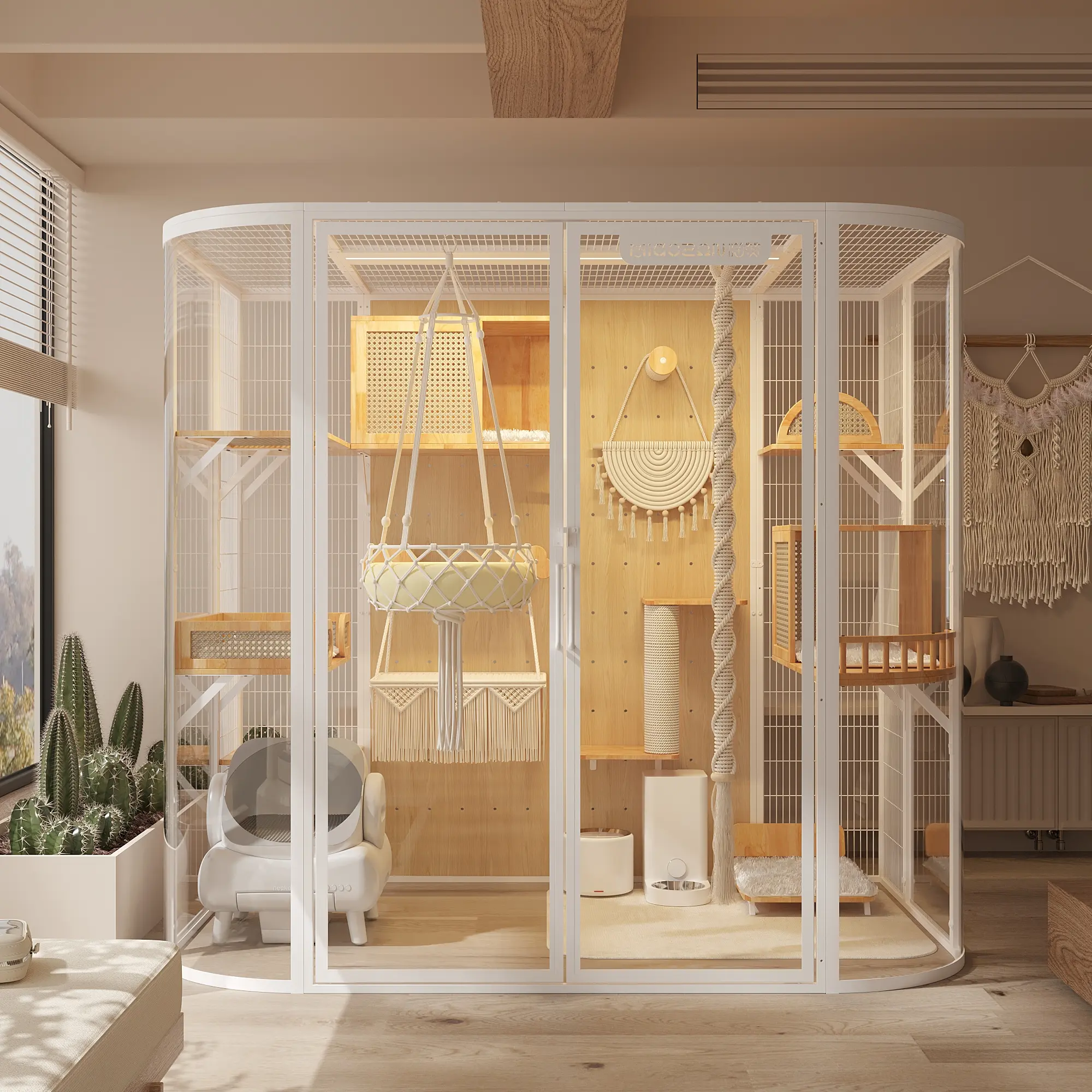 Luxury Customizable Carbon Steel Frame With Rubber Wood Board Tempered Glass Pet Household Cabinet Large Space Cat House Villa