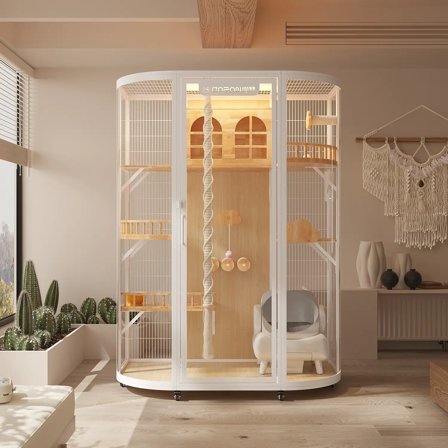 Luxury Customizable Carbon Steel Frame With Rubber Wood Board Tempered Glass Pet Household Cabinet Large Space Cat House Villa
