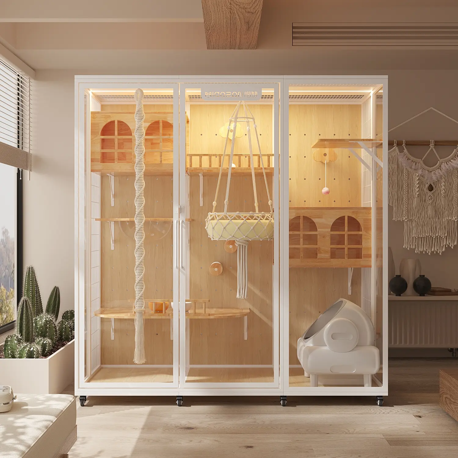 Luxury Customizable Carbon Steel Frame With Rubber Wood Board Tempered Glass Pet Household Cabinet Large Space Cat House Villa