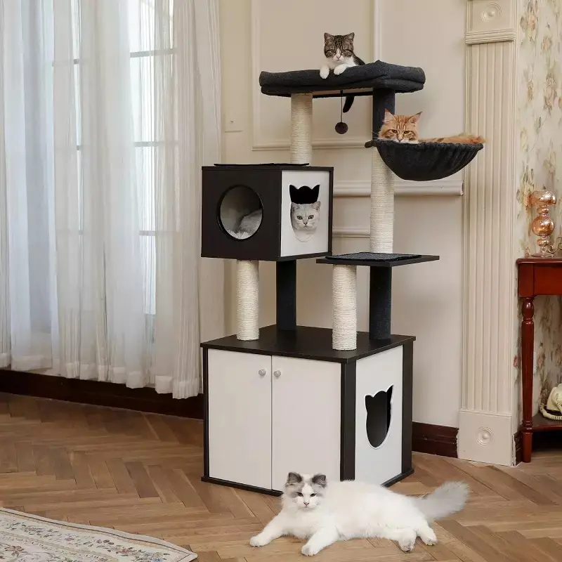 Multifunctional Cat Tree Modern Wood Cat Tower Scratching Tree with Cat Washroom Litter Box House