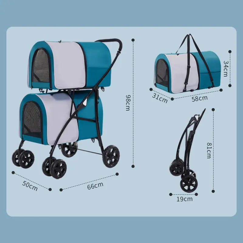 Outdoor Travel Cat and Dog Large Space Four-Wheeled Cart Lightweight Folding Double Deck Pet Stroller