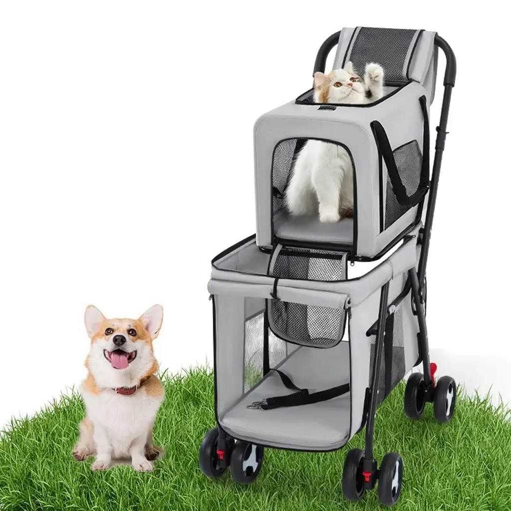 Double-Layer Luxury Pet Stroller for Small Large Dogs Cats Lightweight Foldable Outdoor Travel Pet Trolley