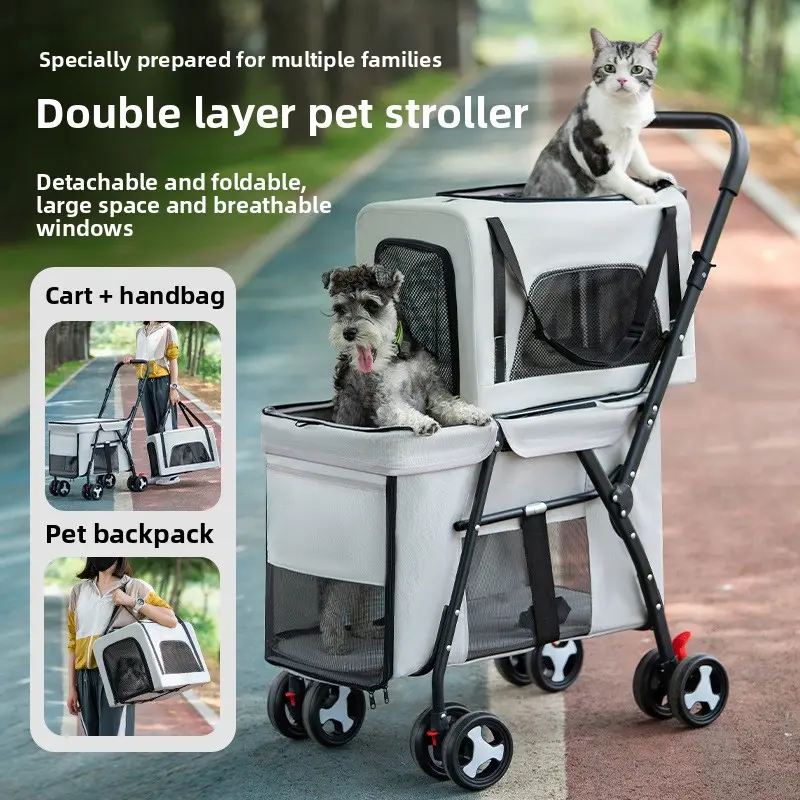 Double-Layer Luxury Pet Stroller for Small Large Dogs Cats Lightweight Foldable Outdoor Travel Pet Trolley