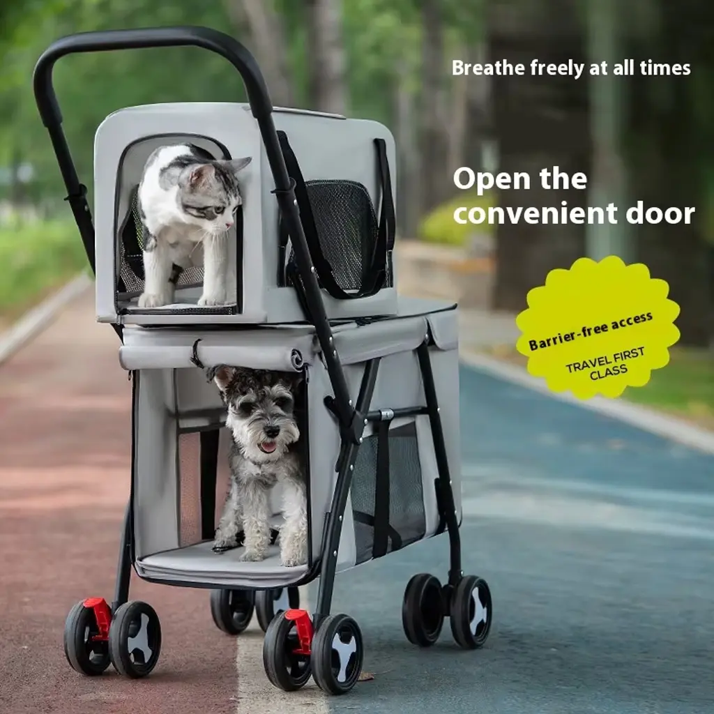 Double-Layer Luxury Pet Stroller for Small Large Dogs Cats Lightweight Foldable Outdoor Travel Pet Trolley
