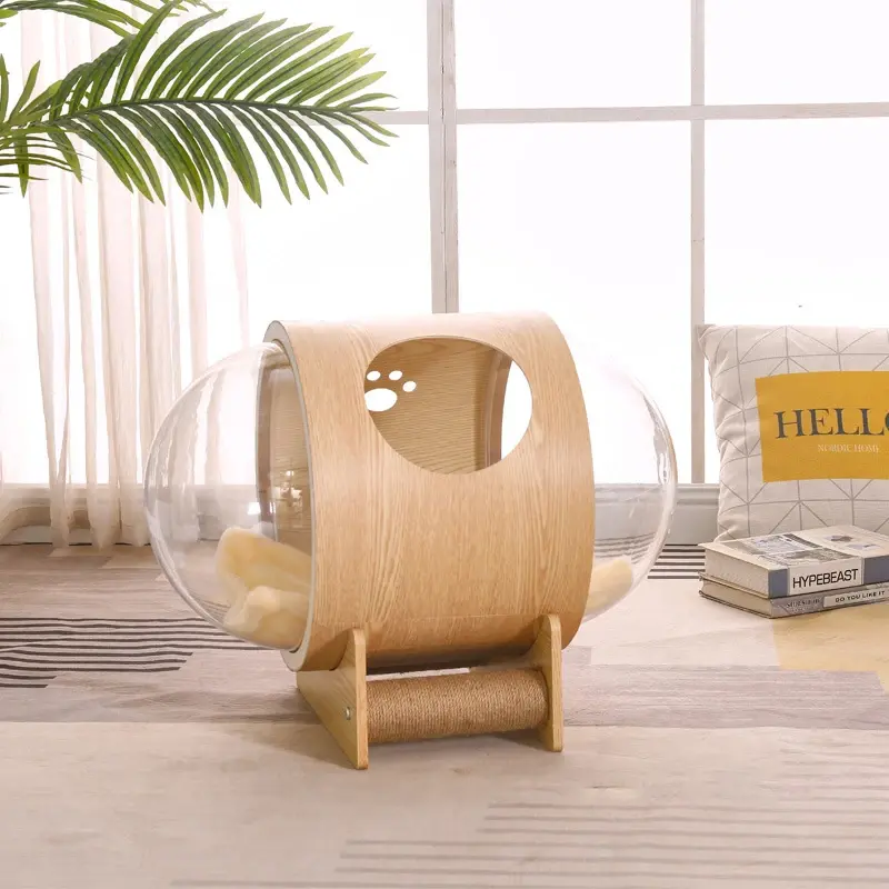 Wholesale Luxury Indoor Wooden Enclosed Cat Winter Box Bed Capsule Solid Sustainable Cat Hous House Wood for Wood Push-up CN;HEB