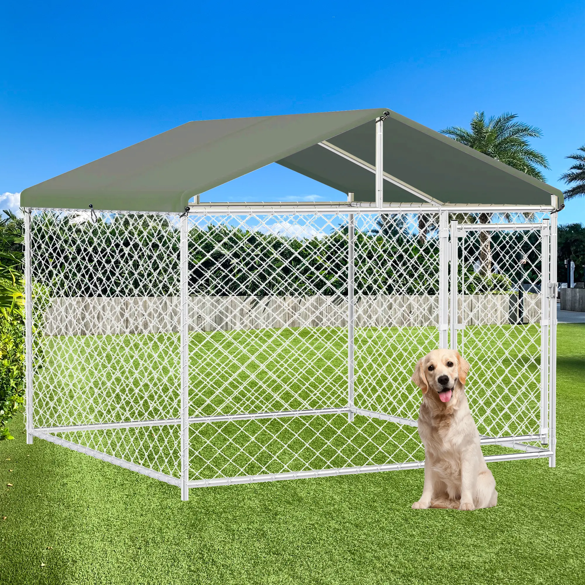 Large Outdoor Dog Kennel, 10x10 Heavy Duty Outside Dog Kennel With Roof, Galvanized Steel Dog Kennel Fence