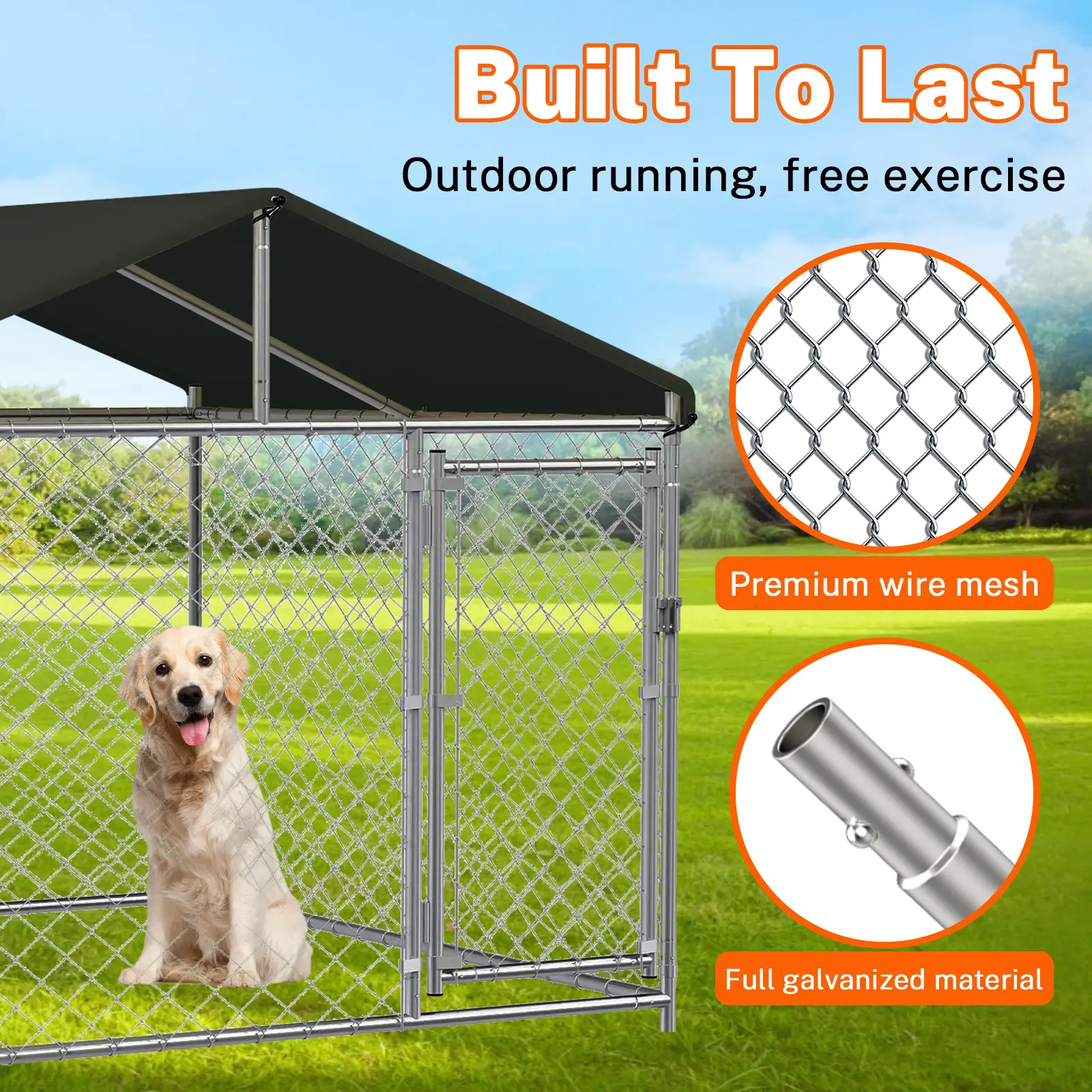 Large Outdoor Dog Kennel, 10x10 Heavy Duty Outside Dog Kennel With Roof, Galvanized Steel Dog Kennel Fence