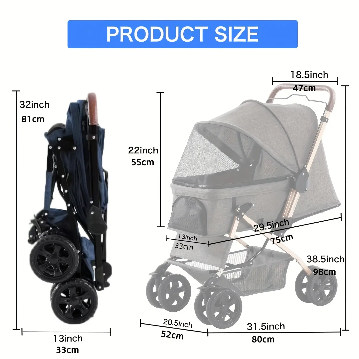Deluxe Four Wheel Dog Stroller with Weather Resistant Cover and Handy Storage for Strolling Small Pooches in Style