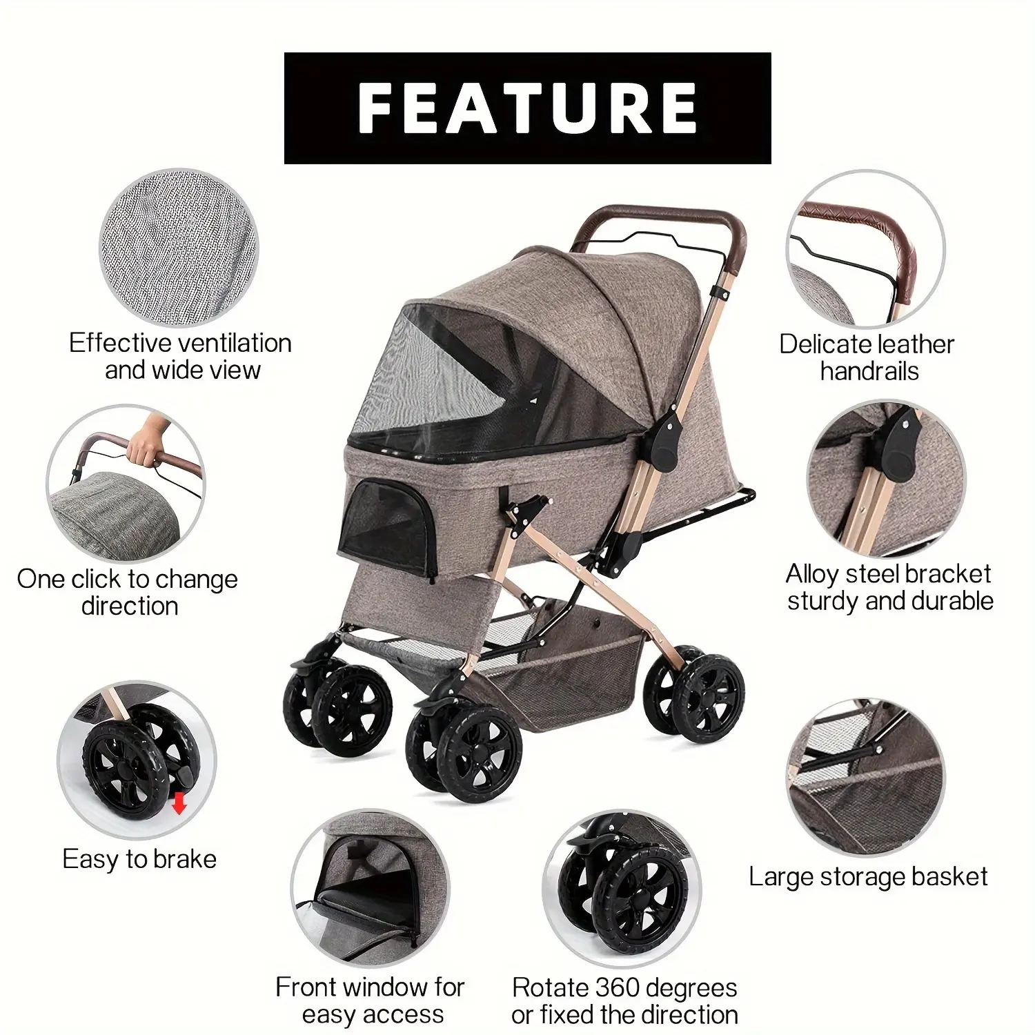 Deluxe Four Wheel Dog Stroller with Weather Resistant Cover and Handy Storage for Strolling Small Pooches in Style