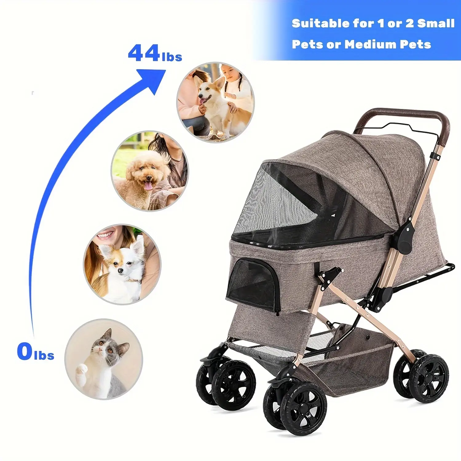 Deluxe Four Wheel Dog Stroller with Weather Resistant Cover and Handy Storage for Strolling Small Pooches in Style