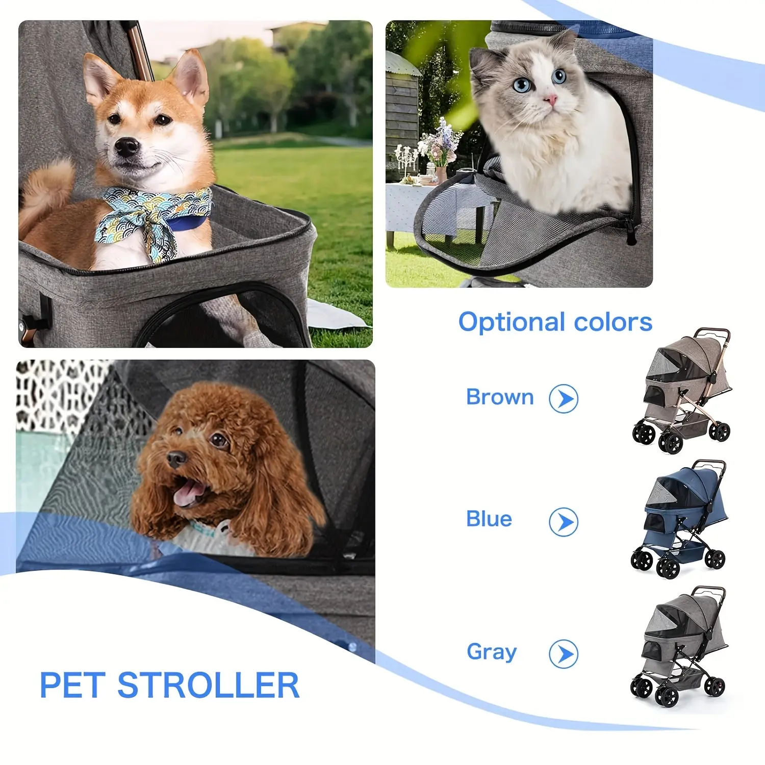 Deluxe Four Wheel Dog Stroller with Weather Resistant Cover and Handy Storage for Strolling Small Pooches in Style