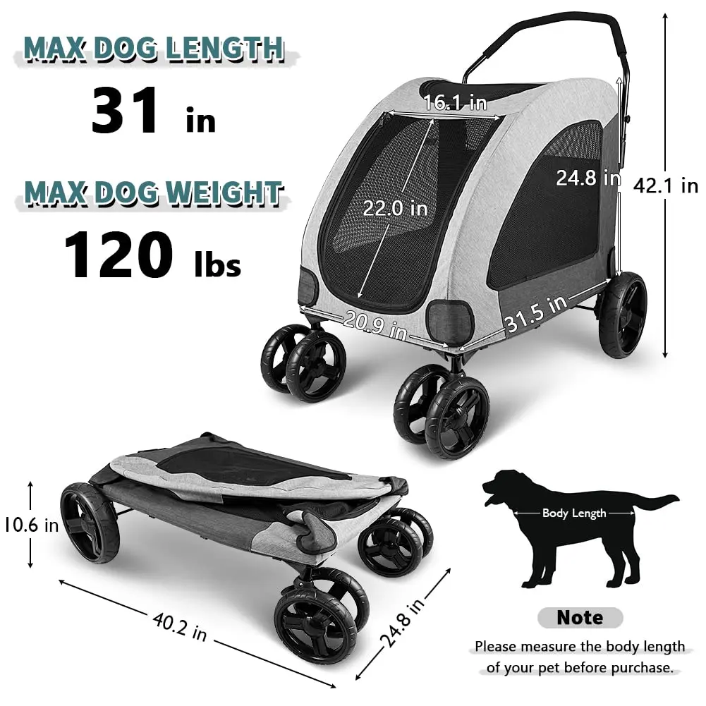 4 Wheel Dog Stroller for Large or 2 Dogs for Jogger Wagon Foldable Travel Carriage Can Easily Walk In/Out up to 110lbs