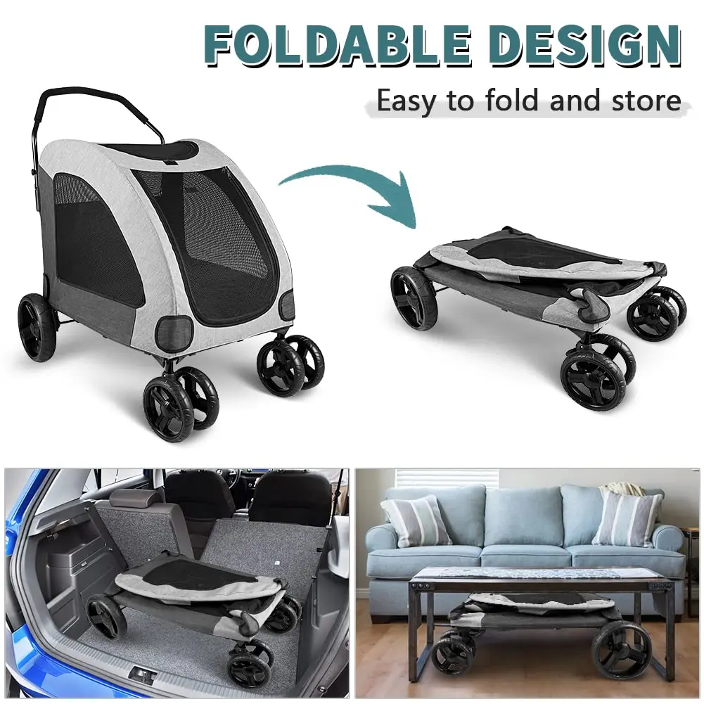 4 Wheel Dog Stroller for Large or 2 Dogs for Jogger Wagon Foldable Travel Carriage Can Easily Walk In/Out up to 110lbs