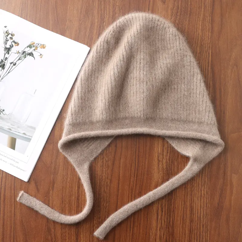 100%Pure Wool Women's Winter Knitted Hats Cute Lace-up Students Pullover Hat Autumn Winter Warm Windproof Earflap Beanies Female