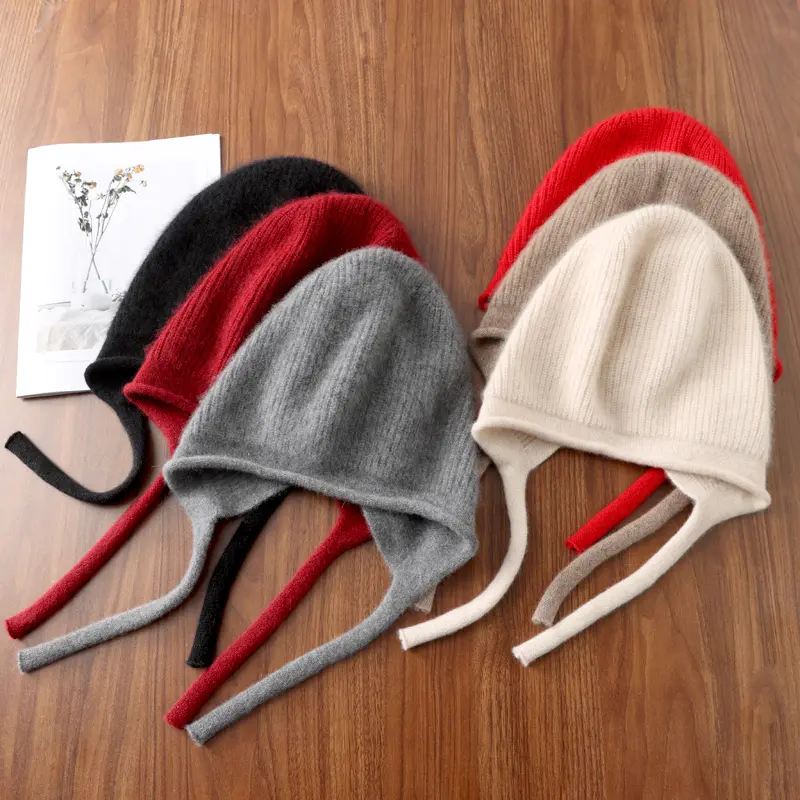 100%Pure Wool Women's Winter Knitted Hats Cute Lace-up Students Pullover Hat Autumn Winter Warm Windproof Earflap Beanies Female
