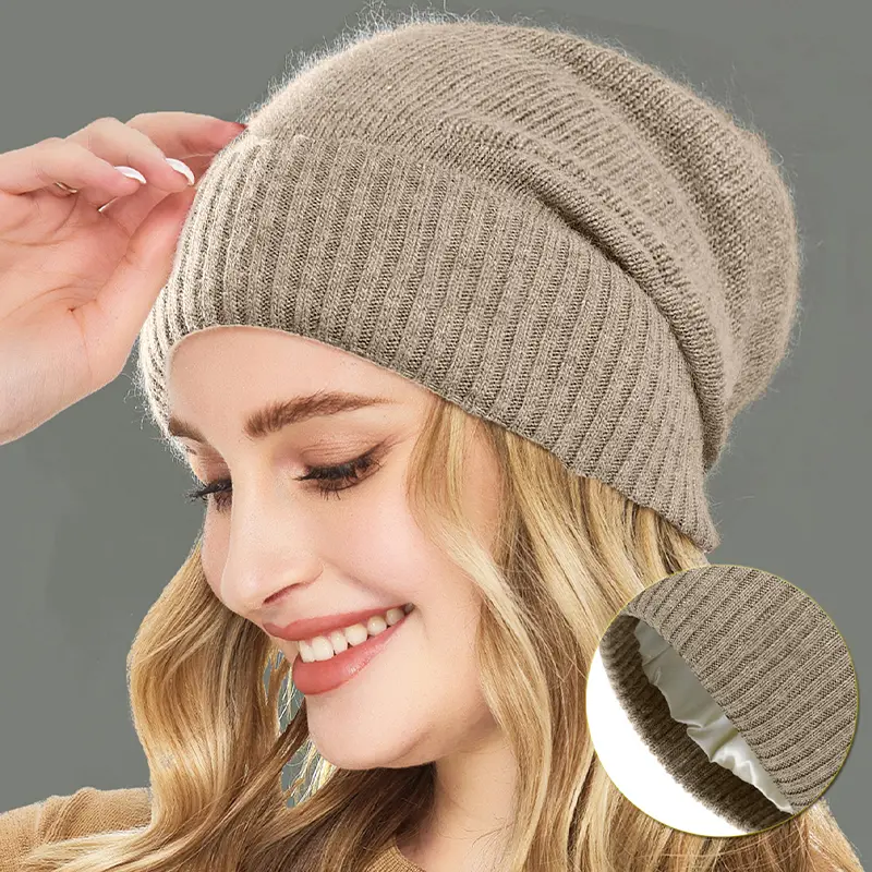 100%Cashmere Beanie Hat for Women's Winter Satin Lined Knitted Solid Skullies Cap Silk Lining Soft Warm Slouchy Bonnet