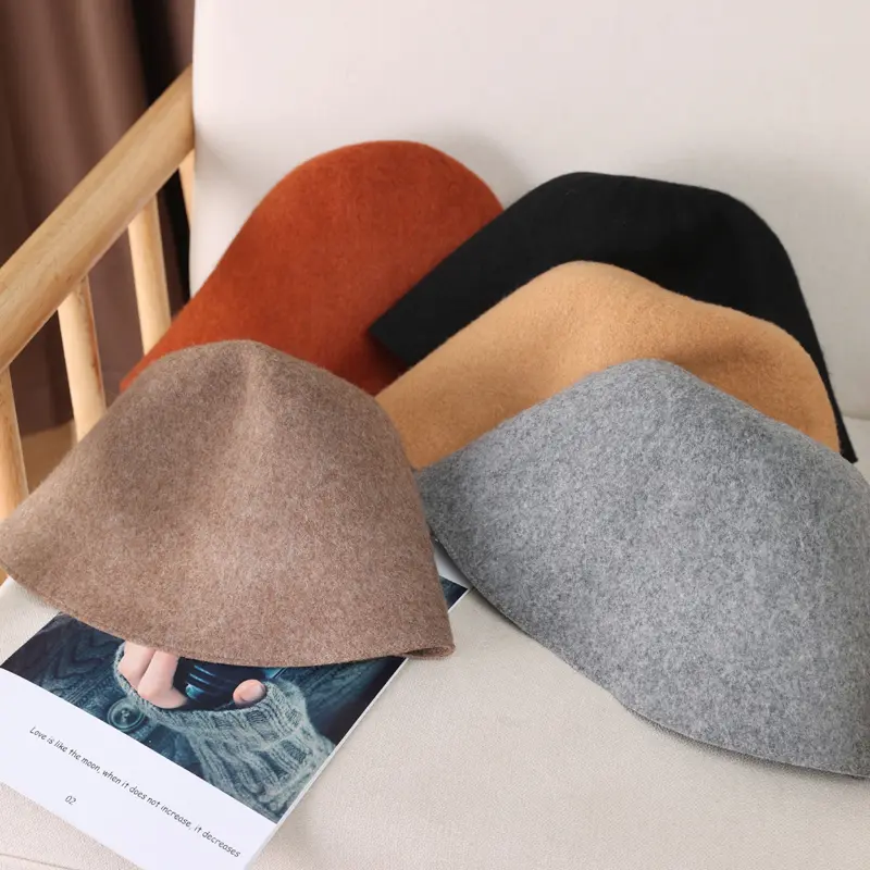 100%Pure Wool Women's Bucket Hat Korea Fashion Vintage Fisherman Panama Cap Autumn Winter Warm Soft  Foldable Wollen Chapeau