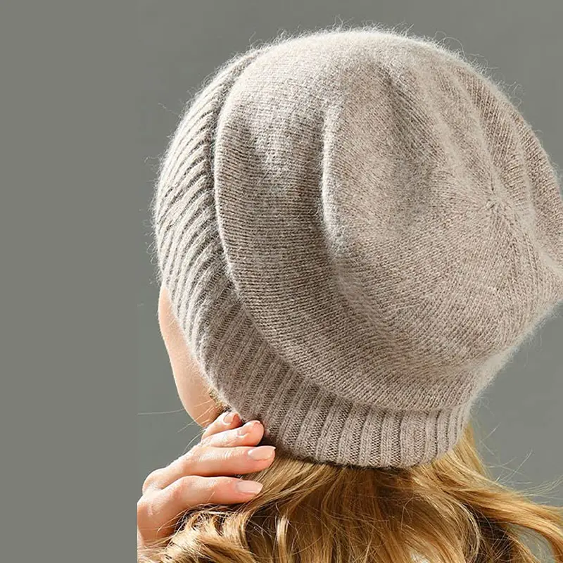 100%Cashmere Beanie Hat for Women's Winter Satin Lined Knitted Solid Skullies Cap Silk Lining Soft Warm Slouchy Bonnet