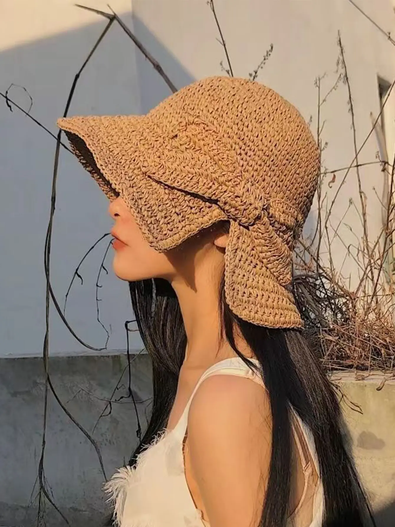 Summer Weaven Hollow Straw Hat Women Fashion Bowknot Sunscreen Anti-UV Ponytail Bucket Foldable Travel Sweet Panama Beach Cap