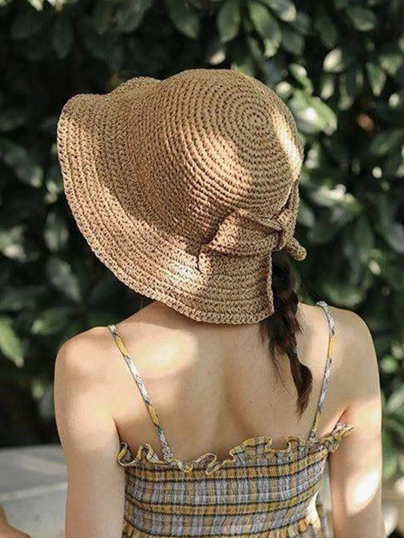 Summer Weaven Hollow Straw Hat Women Fashion Bowknot Sunscreen Anti-UV Ponytail Bucket Foldable Travel Sweet Panama Beach Cap