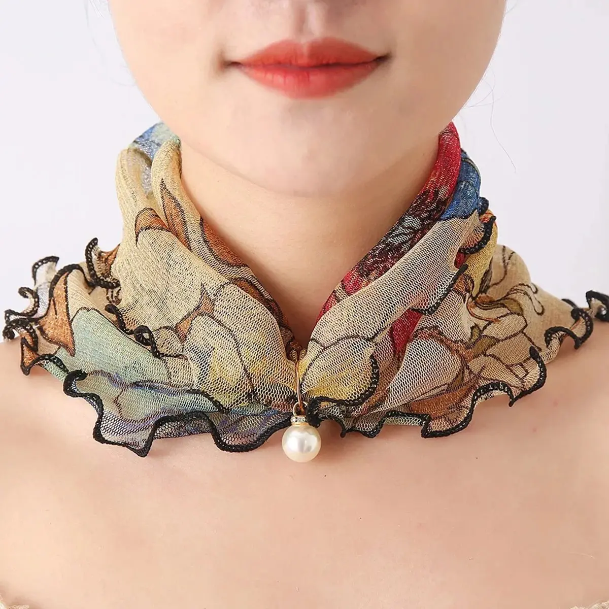 Women Fake Pearl Pendant Neckerchief Print Lace Fake Collar Chiffon Bib Necklace Korea Fashion Summer UV Resistant Ring Scarf