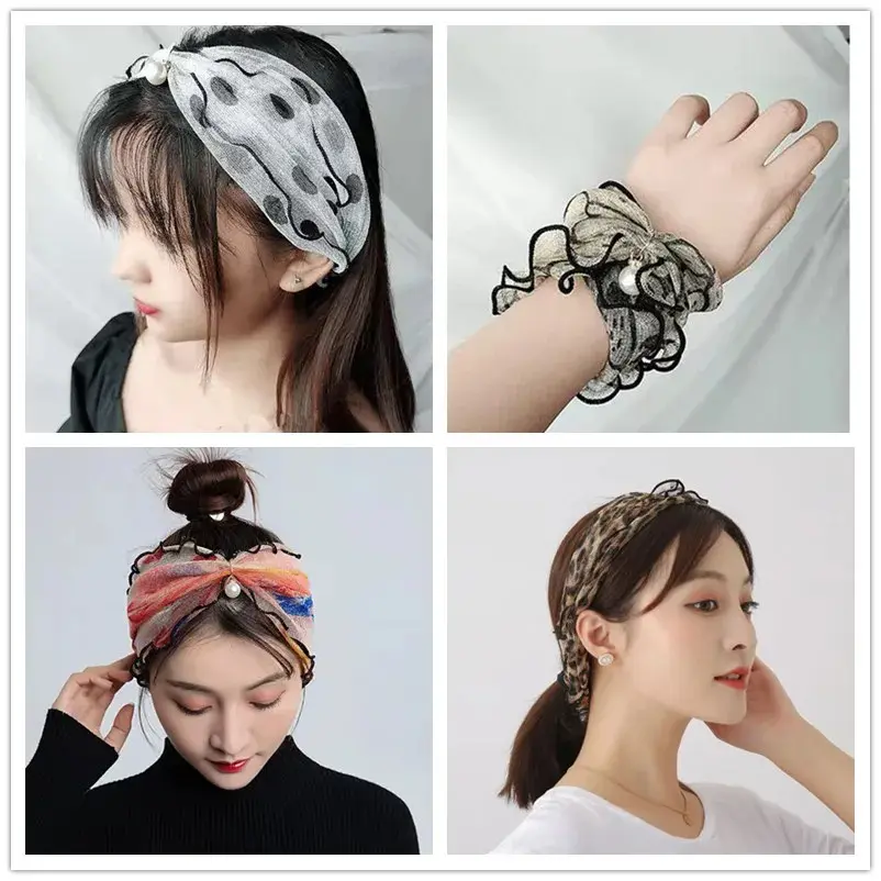 Women Fake Pearl Pendant Neckerchief Print Lace Fake Collar Chiffon Bib Necklace Korea Fashion Summer UV Resistant Ring Scarf
