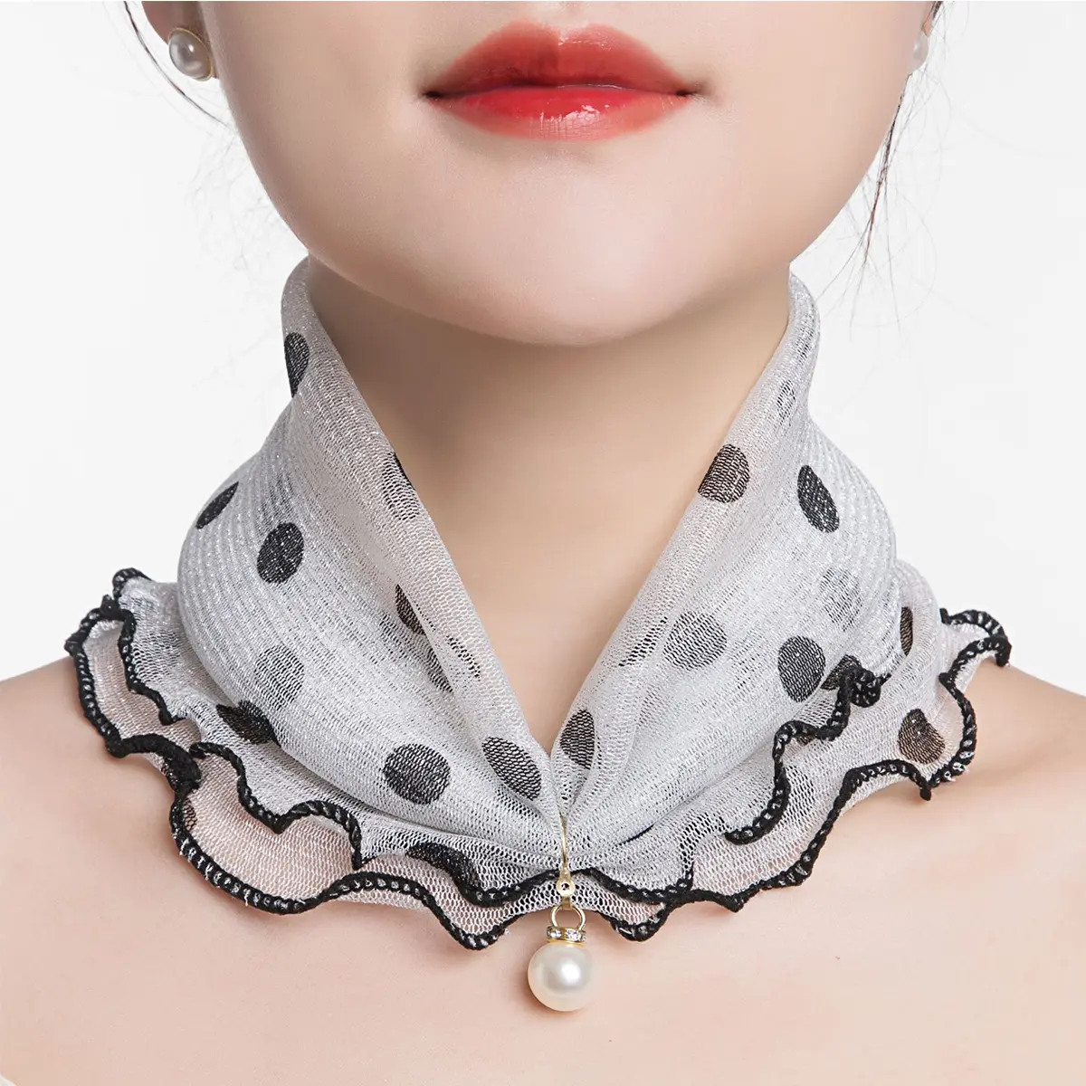 Women Fake Pearl Pendant Neckerchief Print Lace Fake Collar Chiffon Bib Necklace Korea Fashion Summer UV Resistant Ring Scarf