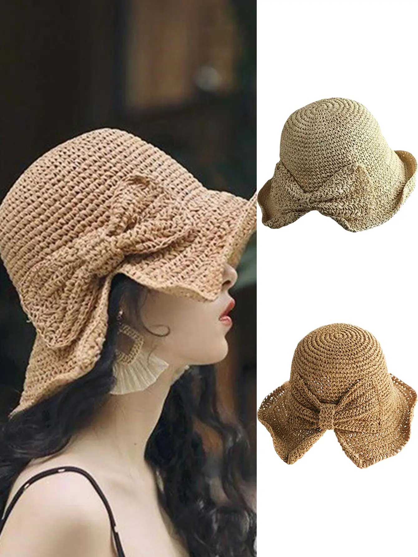 Summer Weaven Hollow Straw Hat Women Fashion Bowknot Sunscreen Anti-UV Ponytail Bucket Foldable Travel Sweet Panama Beach Cap