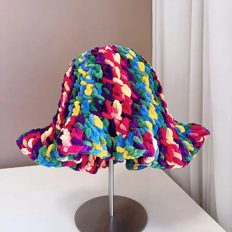 Ladies' Handmade Crocheted Knitted Hat with Folded Lotus Leaf Edges, Fisherman's Hat with Thickened Yarn and Pullover Cap