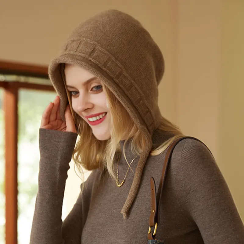 Women's Winter Knitted Hat 100% Cashmere Drawstring Beanies Solid Soft Warm Luxury Cashmere Ski Skullies Cap Y2K Hip Hop Bonnet