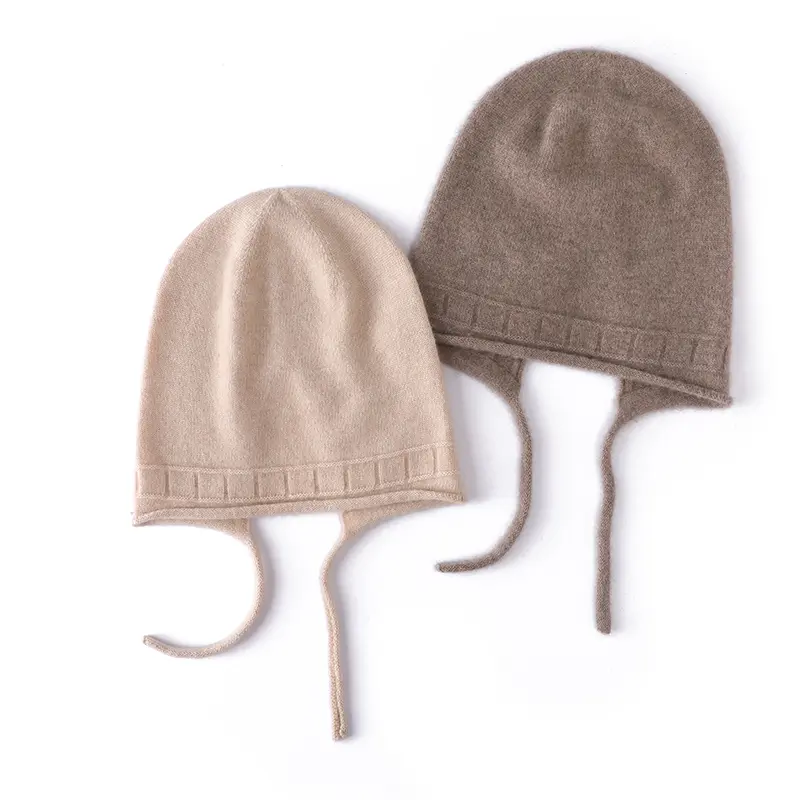 Women's Winter Knitted Hat 100% Cashmere Drawstring Beanies Solid Soft Warm Luxury Cashmere Ski Skullies Cap Y2K Hip Hop Bonnet