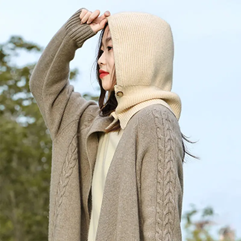 Winter Women Knitted Wool Beanies Adjustable Button Neck Face Protect  Balaclava Hat  Warm Soft Hooded Skullies Headgears Men