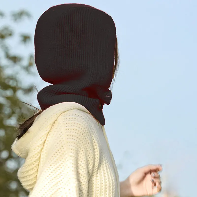 Winter Women Knitted Wool Beanies Adjustable Button Neck Face Protect  Balaclava Hat  Warm Soft Hooded Skullies Headgears Men