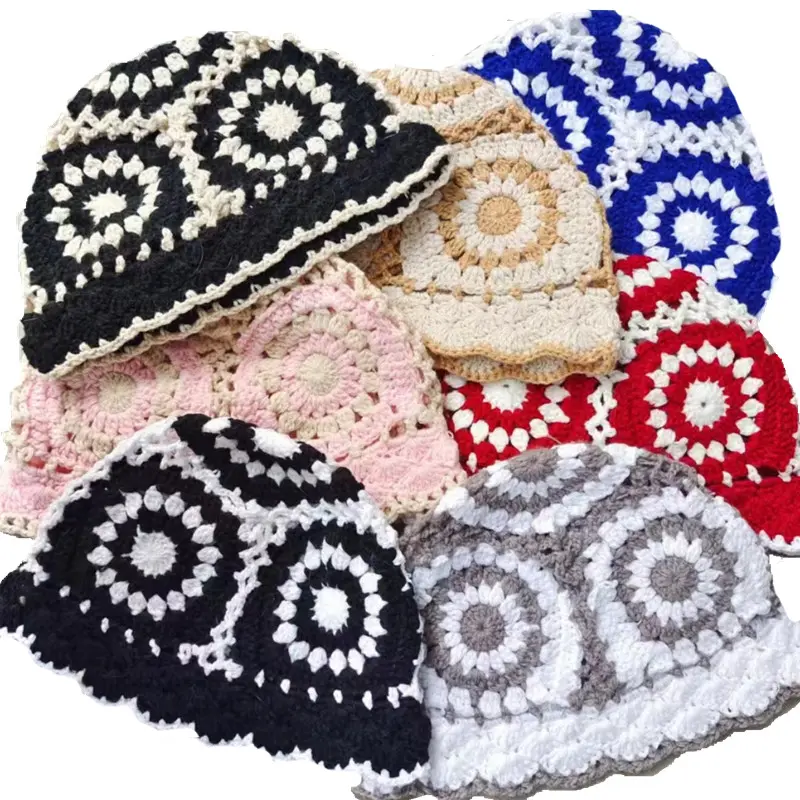 Knitted Handmade Crochet Bucke Hat Women Hollow Out Korean Fashion Beanies Y2k Bucket Hat Cotton Pullover Skullies Girl