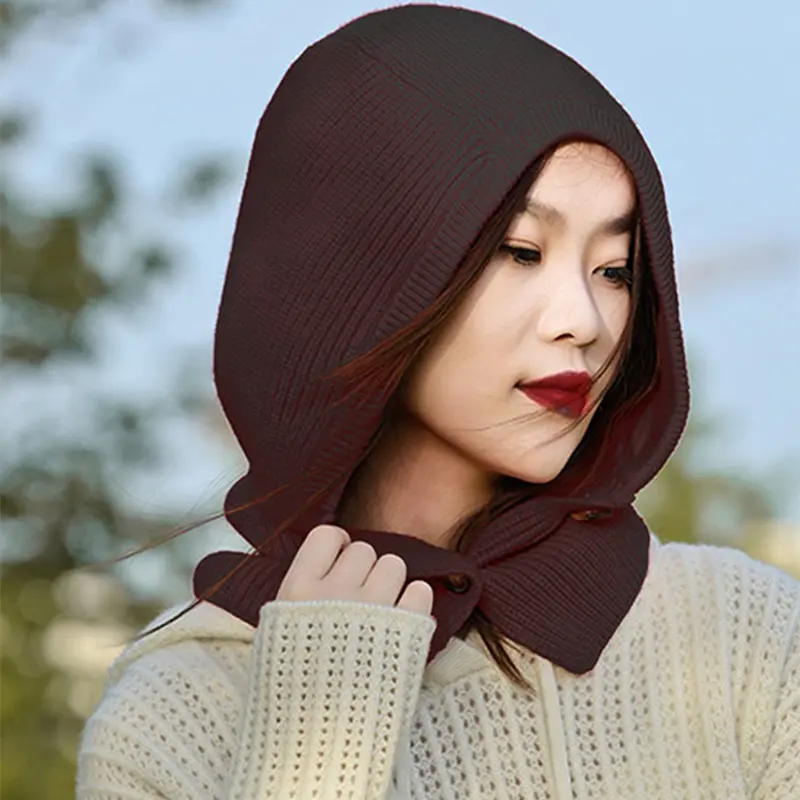 Winter Women Knitted Wool Beanies Adjustable Button Neck Face Protect  Balaclava Hat  Warm Soft Hooded Skullies Headgears Men