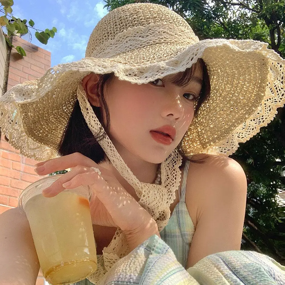 Women's Soft Lace Sun Hat - Summer Hollow Straw Beach Cap for Outdoor Travel & Fishing Beach Sun Protection Cap